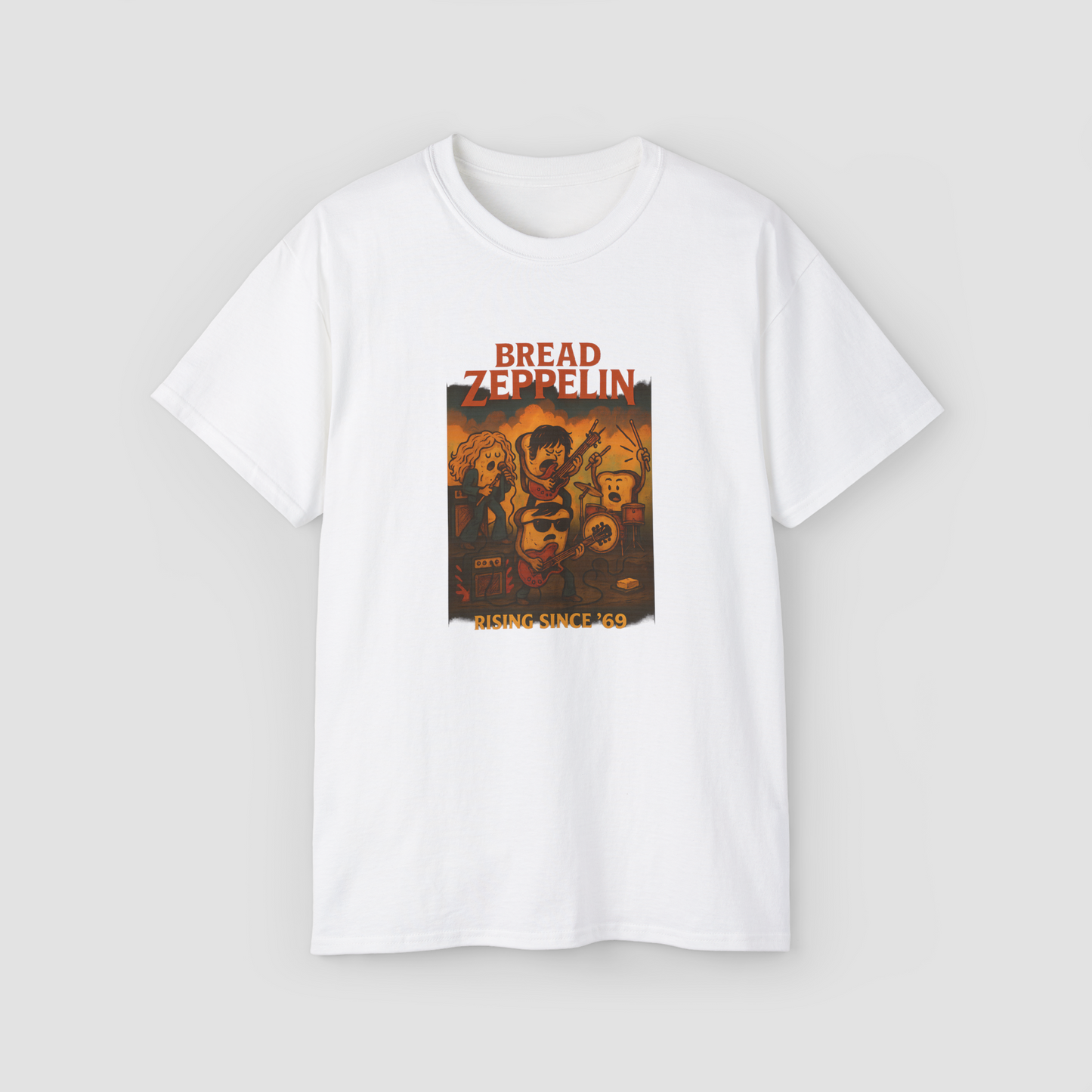 Funny 'Bread Zeppelin - Rising Since 69' rock band parody graphic on a white oversized t-shirt.\