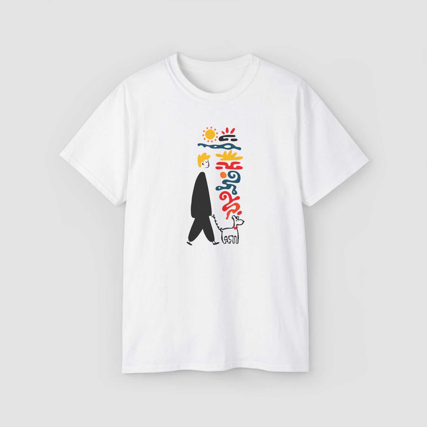 Day Dreaming' abstract line art of a person and a dog under the sun on a white oversized t-shirt.\