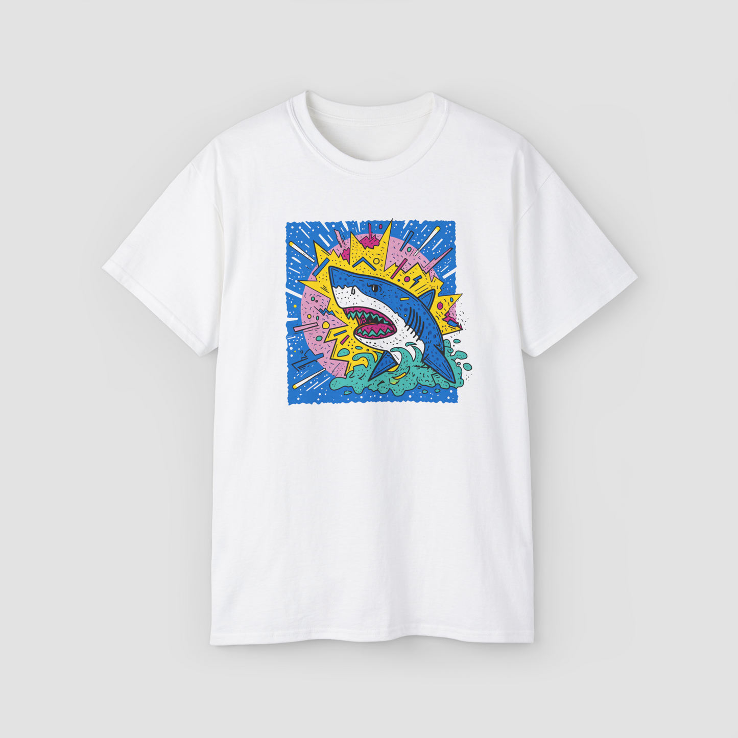 Shark Attack' vibrant comic book style graphic of a shark on an oversized terry cotton t-shirt.\
