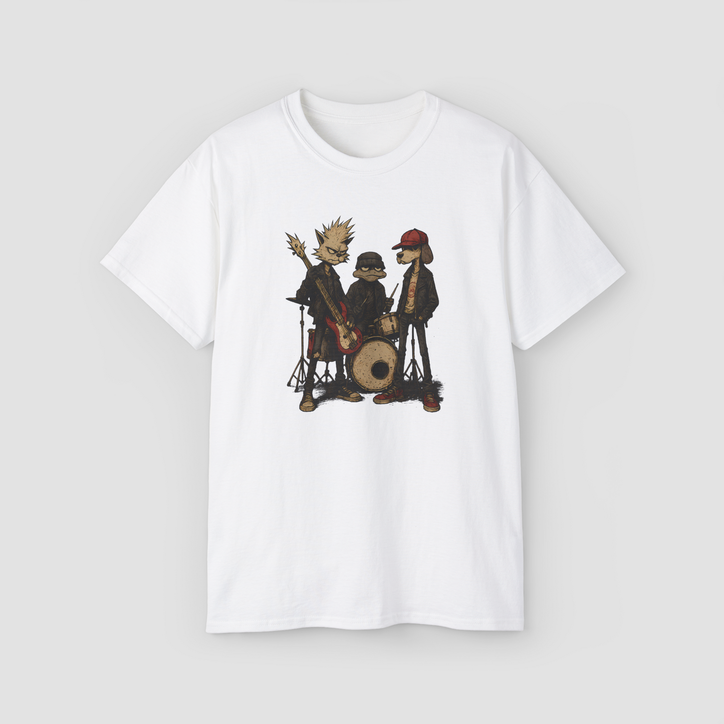 The BadStreet Boys' funny animal punk band parody graphic on a white oversized t-shirt.\