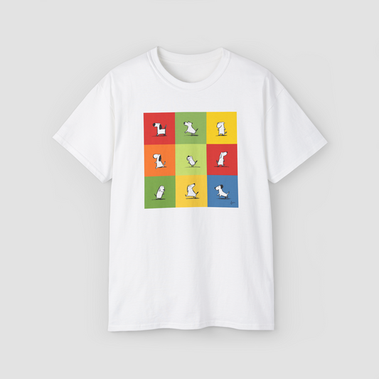 The Adventures of Shiro' cute dog comic strip panel on a white oversized t-shirt.\