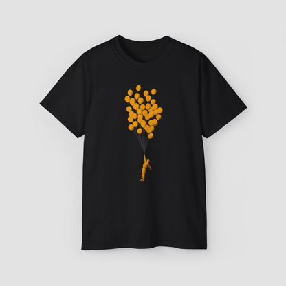 Artistic 'Look, Ma, No Gravity!' graphic with a floating person and yellow balloon on an oversized tee.\