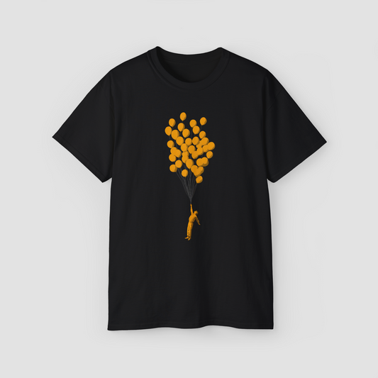 Artistic 'Look, Ma, No Gravity!' graphic with a floating person and yellow balloon on an oversized tee.\