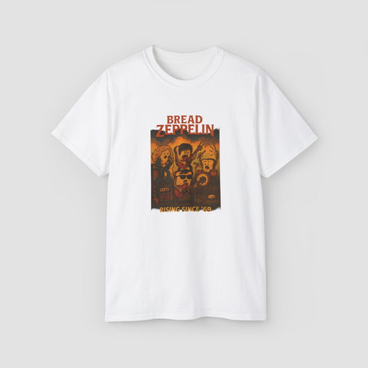 Funny 'Bread Zeppelin - Rising Since 69' rock band parody graphic on a white oversized t-shirt.\