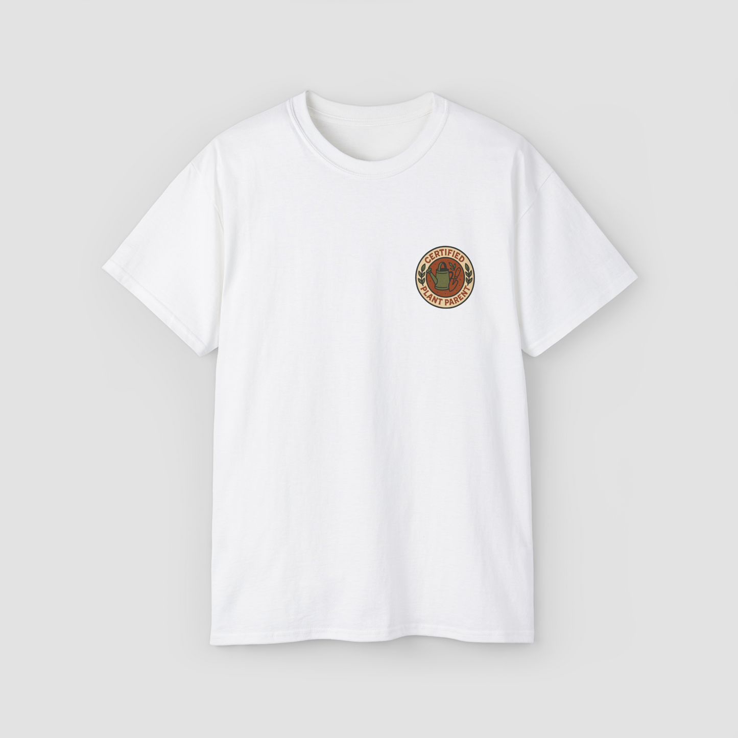 Certified Plant Parent' badge graphic on a white oversized terry cotton t-shirt.\