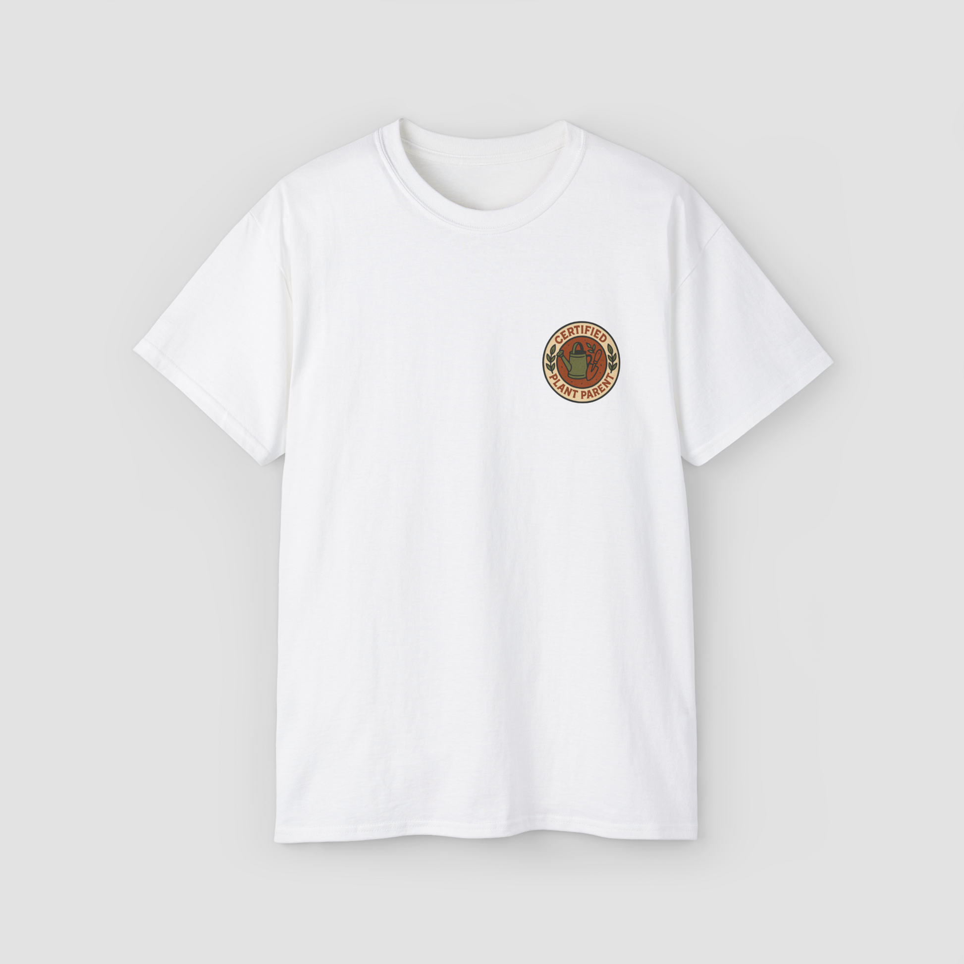 Certified Plant Parent' badge graphic on a white oversized terry cotton t-shirt.\