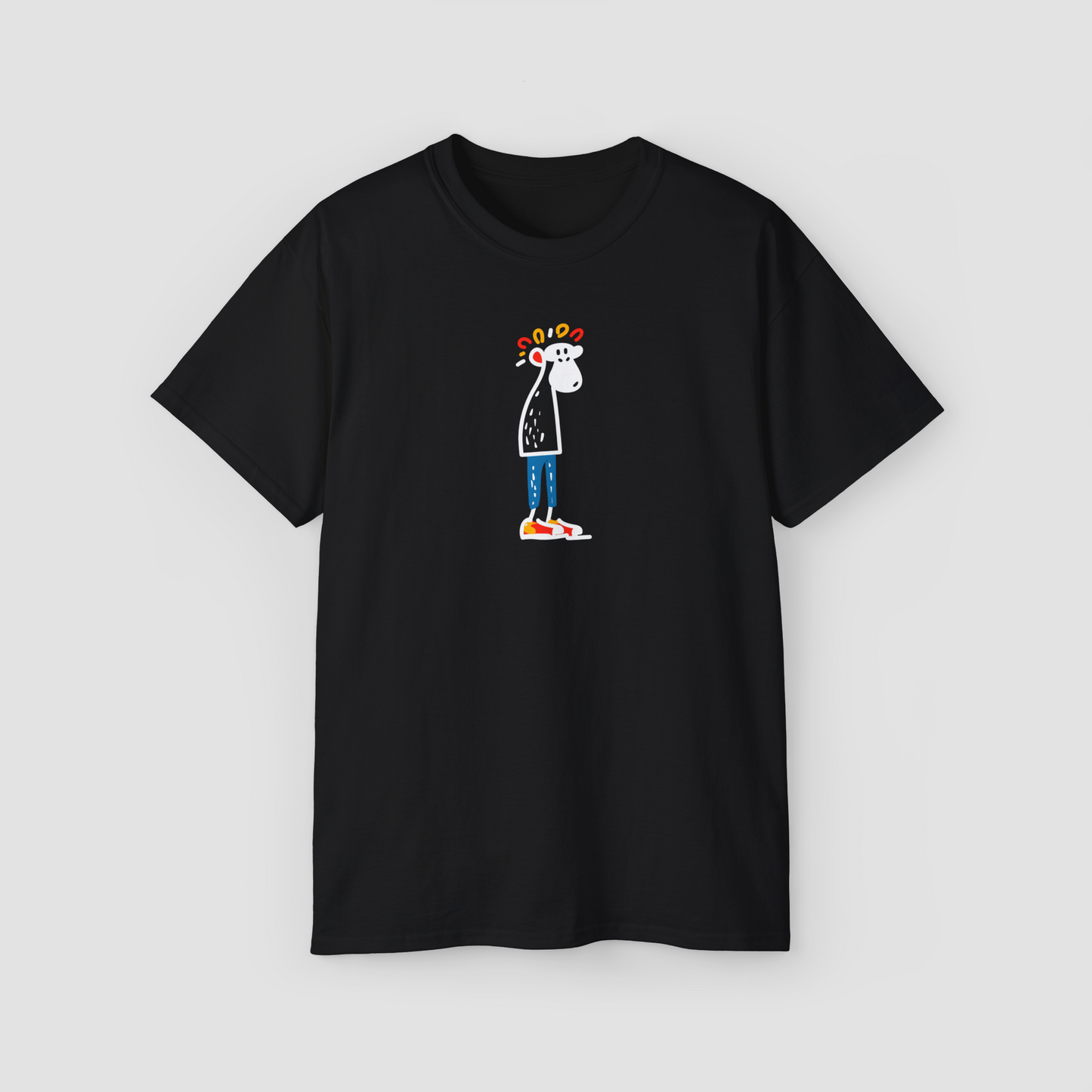 A minimalist line art of a confused monkey on the 'Confusion' black oversized terry cotton t-shirt.\