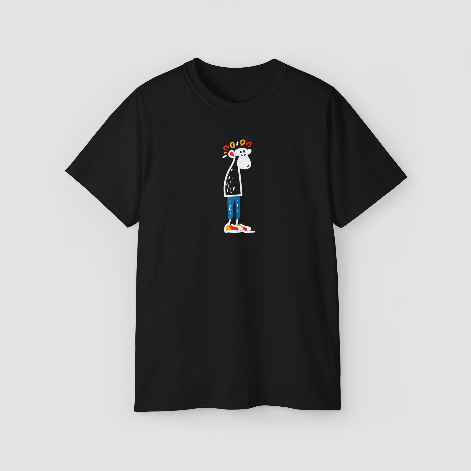 A minimalist line art of a confused monkey on the 'Confusion' black oversized terry cotton t-shirt.\