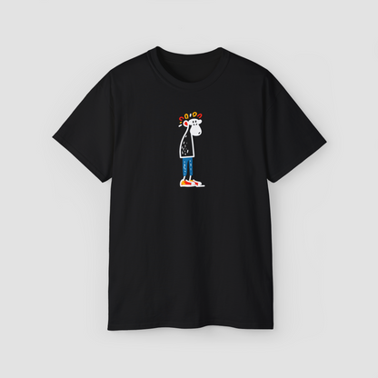 A minimalist line art of a confused monkey on the 'Confusion' black oversized terry cotton t-shirt.\