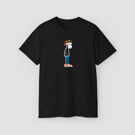 A minimalist line art of a confused monkey on the 'Confusion' black oversized terry cotton t-shirt.\