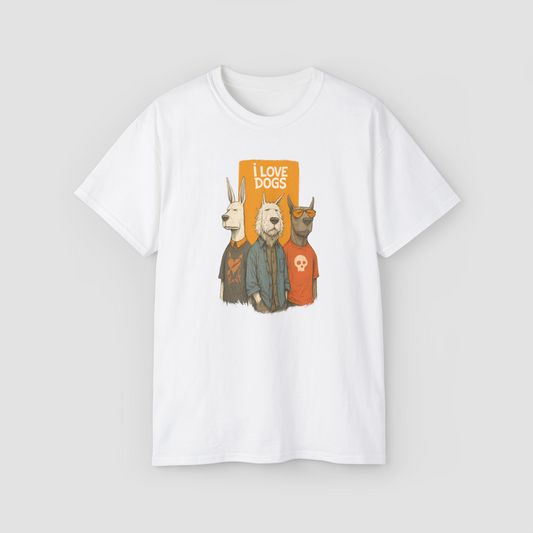I Love My Dawgs' quirky graphic of three cool dogs in streetwear on a white oversized t-shirt.\