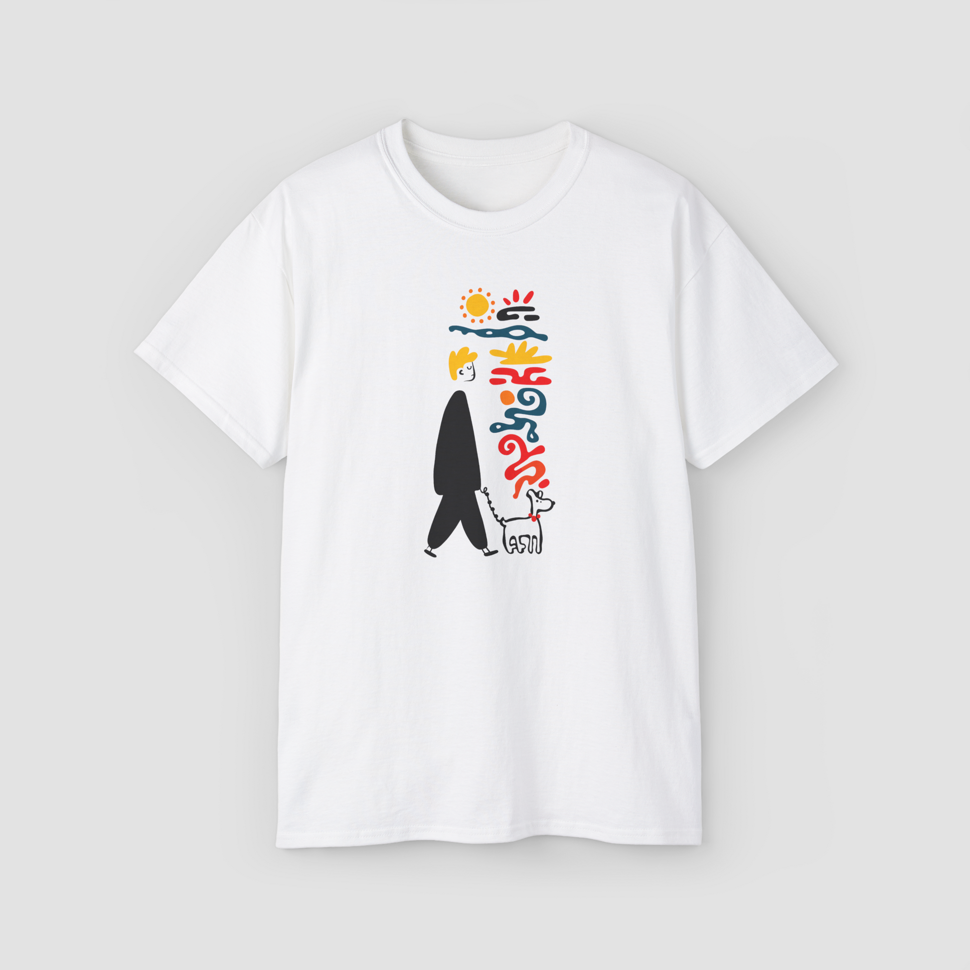 Day Dreaming' abstract line art of a person and a dog under the sun on a white oversized t-shirt.\
