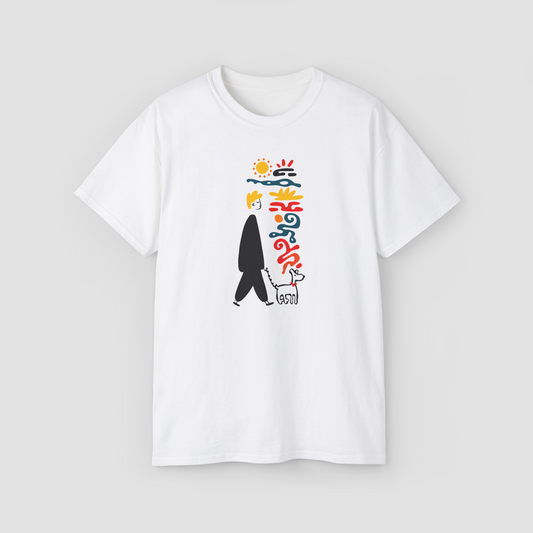 Day Dreaming' abstract line art of a person and a dog under the sun on a white oversized t-shirt.\