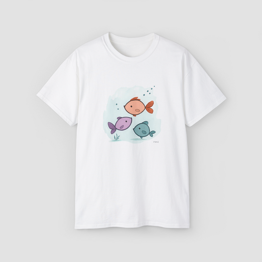 A cute and colorful illustration of cartoon fish with the text 'Fishies!' on a white oversized t-shirt.\