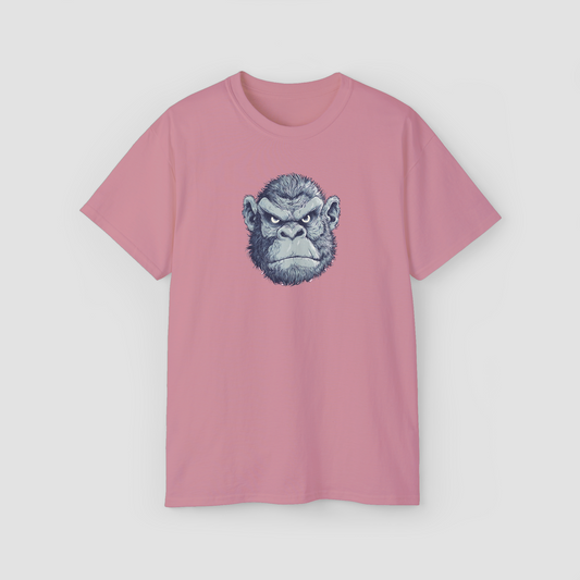 A funny graphic of a pink grumpy monkey on an oversized terry cotton t-shirt.\