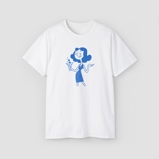 I'm Not Tipsy, I'm just dancing with the floor' minimalist line art on a white oversized t-shirt.\