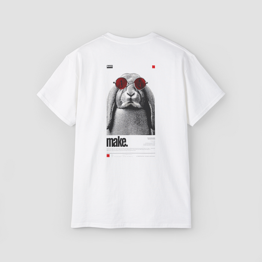 A cool bunny with red sunglasses on the back and 'Make.' text on the front of a white oversized t-shirt.\