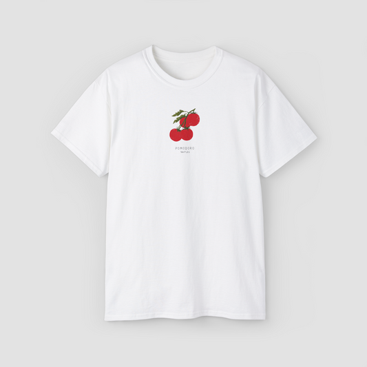 A minimalist 'Pomodoro' tomato graphic with Italian text on a white oversized t-shirt.\