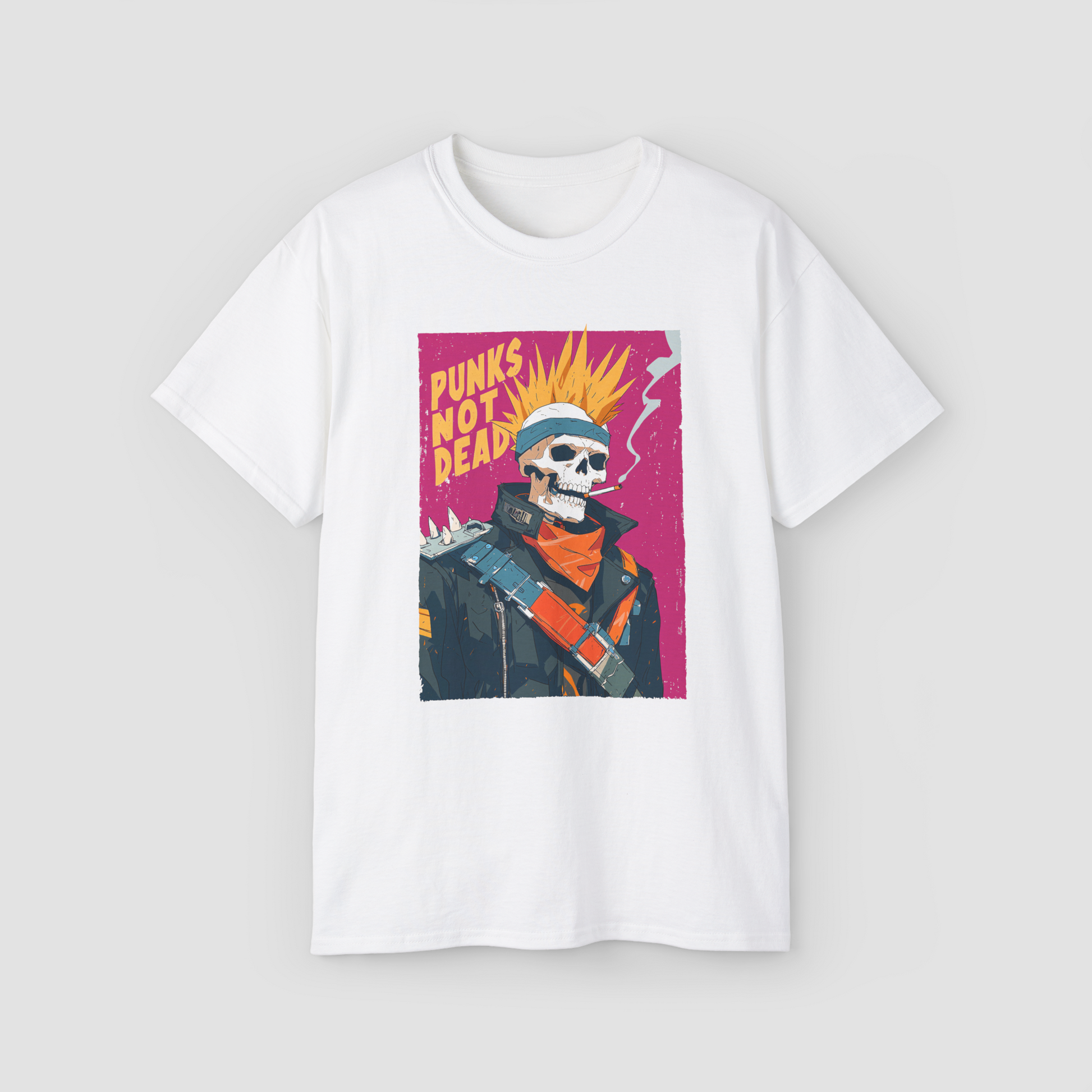 Punk's Not Dead' graphic of a skeleton skull with a mohawk on a white oversized t-shirt.\