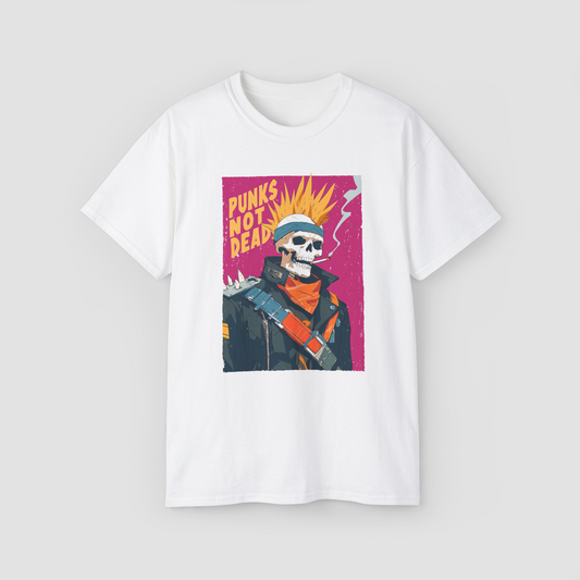 Punk's Not Dead' graphic of a skeleton skull with a mohawk on a white oversized t-shirt.\