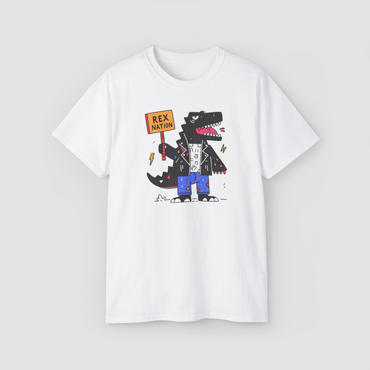 A T-Rex in a leather jacket holding a protest sign that says 'ROAR' on the 'Rex Nation' white oversized t-shirt.\