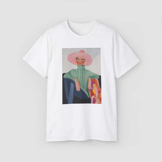 An artistic and sassy abstract portrait graphic on the 'Sass Supreme' white oversized t-shirt.\