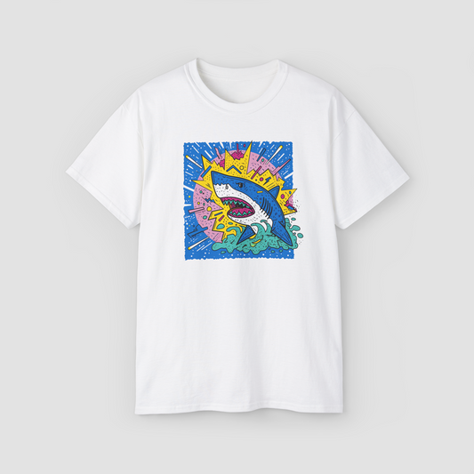 Shark Attack' vibrant comic book style graphic of a shark on an oversized terry cotton t-shirt.\