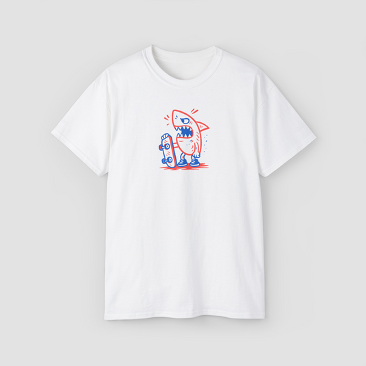 A cool cartoon shark on a skateboard graphic, minimalist design on a 'Skate Shark' white oversized t-shirt.\