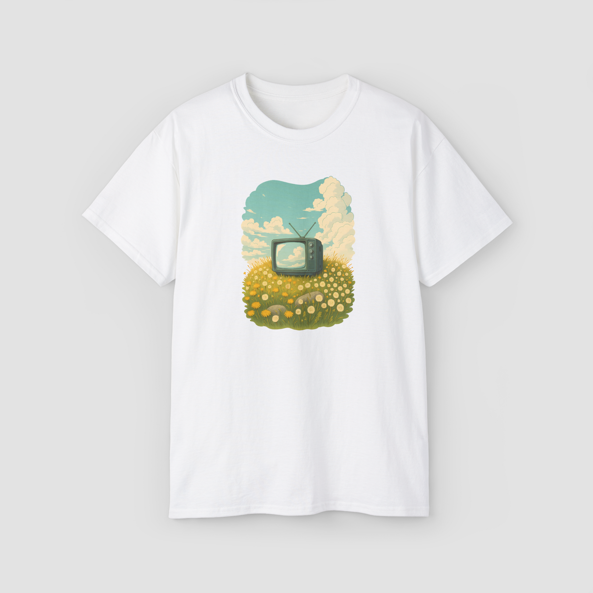 A vintage TV with a colorful, dreamy landscape on the 'Static Dreams' oversized terry cotton tee.\