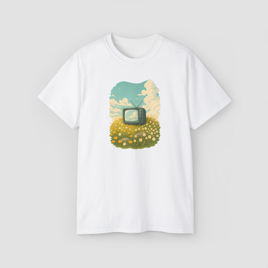 A vintage TV with a colorful, dreamy landscape on the 'Static Dreams' oversized terry cotton tee.\