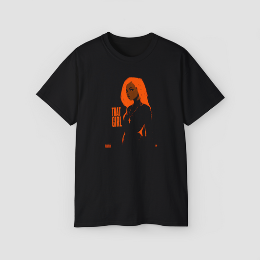 That Girl' edgy monochrome graphic with an orange accent on a black oversized terry cotton t-shirt.\