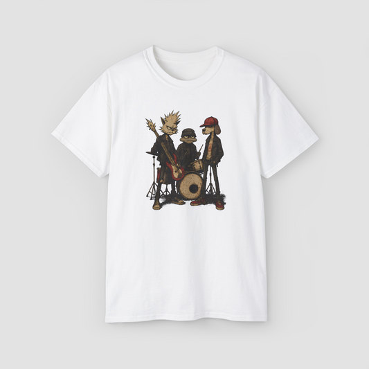 The BadStreet Boys' funny animal punk band parody graphic on a white oversized t-shirt.\