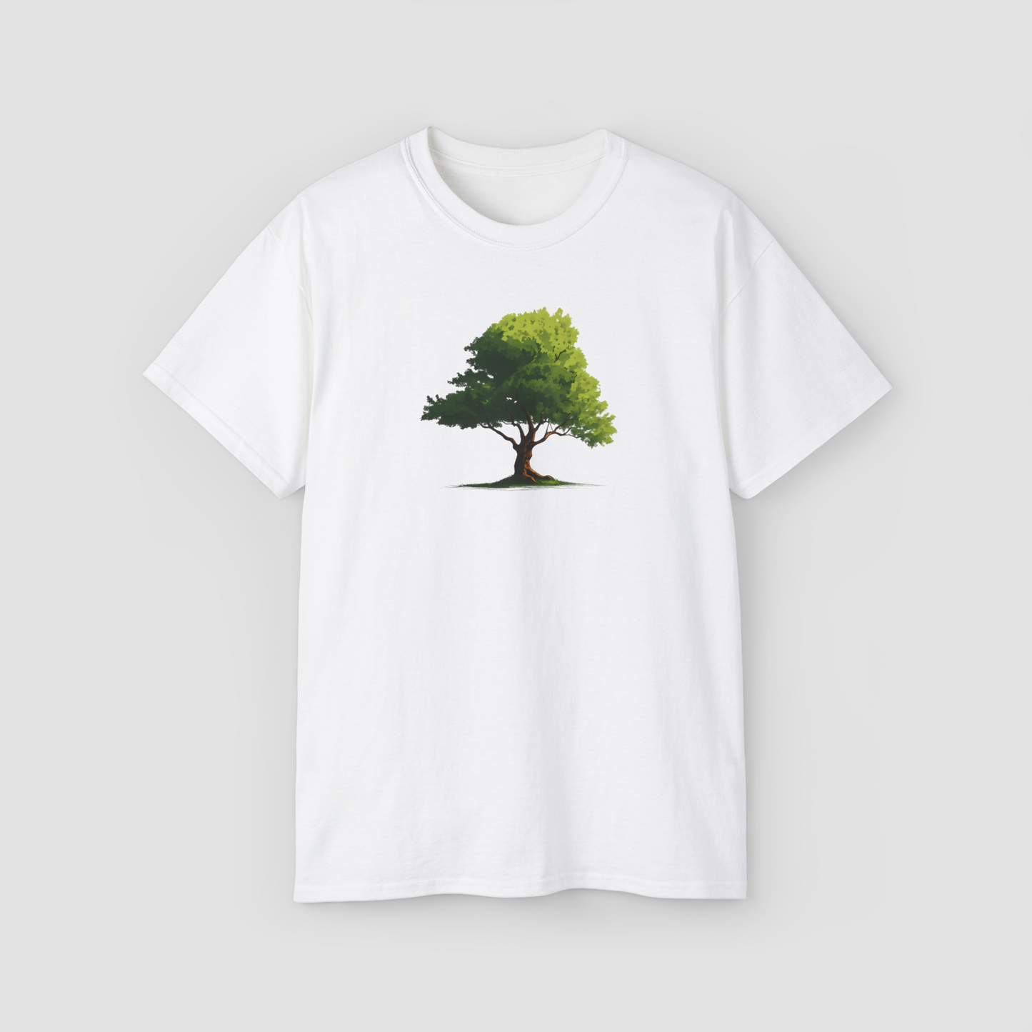An artistic and spiritual graphic of the 'Tree of Life' in vibrant green on a white oversized t-shirt.\