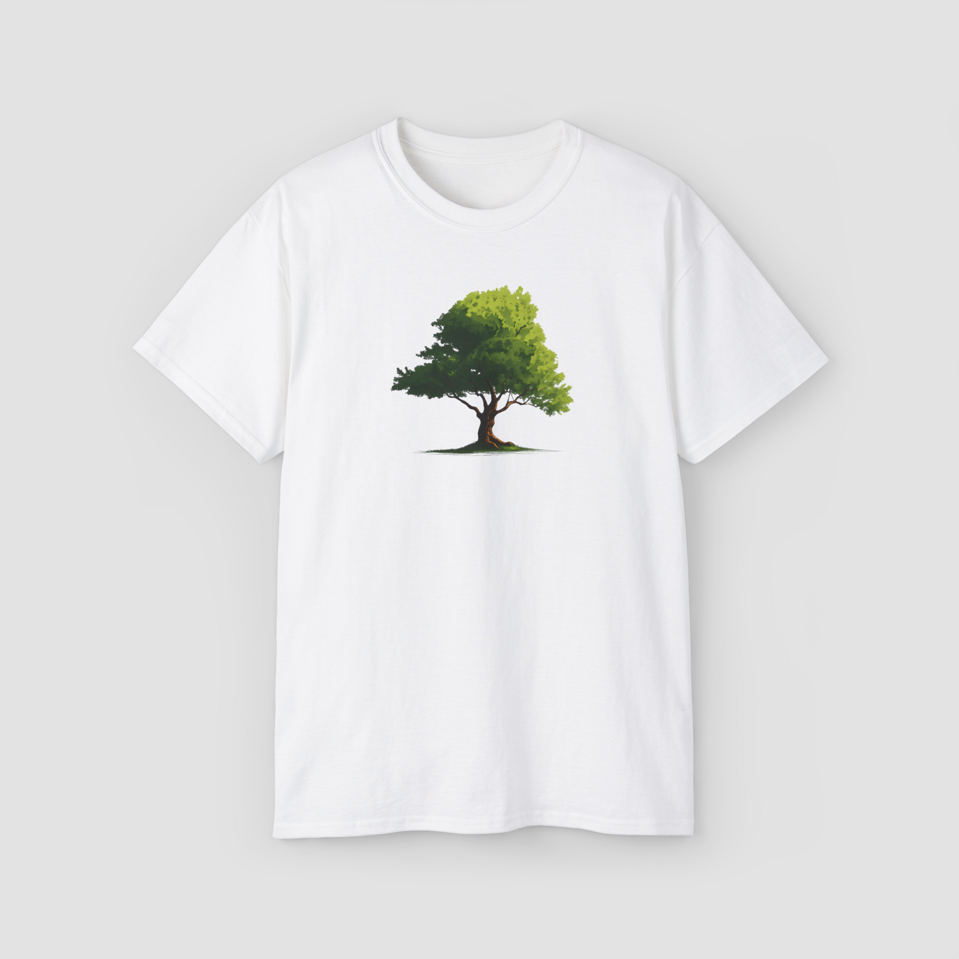 An artistic and spiritual graphic of the 'Tree of Life' in vibrant green on a white oversized t-shirt.\