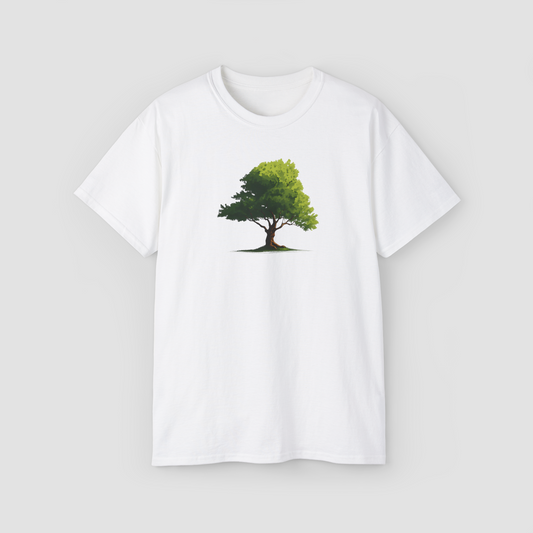 An artistic and spiritual graphic of the 'Tree of Life' in vibrant green on a white oversized t-shirt.\