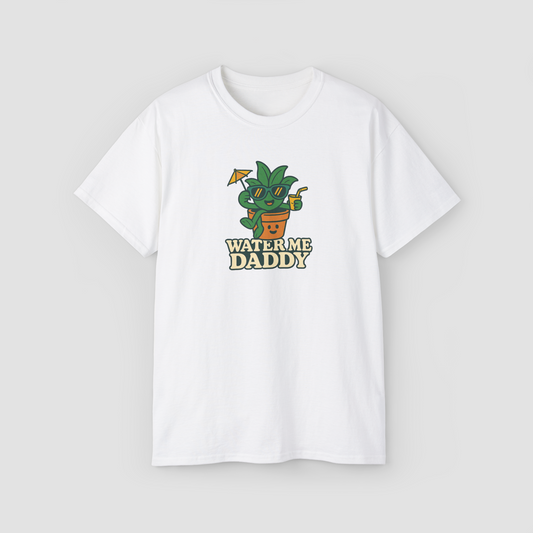 A cute plant character with the text 'Water Me Daddy!' on a white oversized terry cotton t-shirt.\