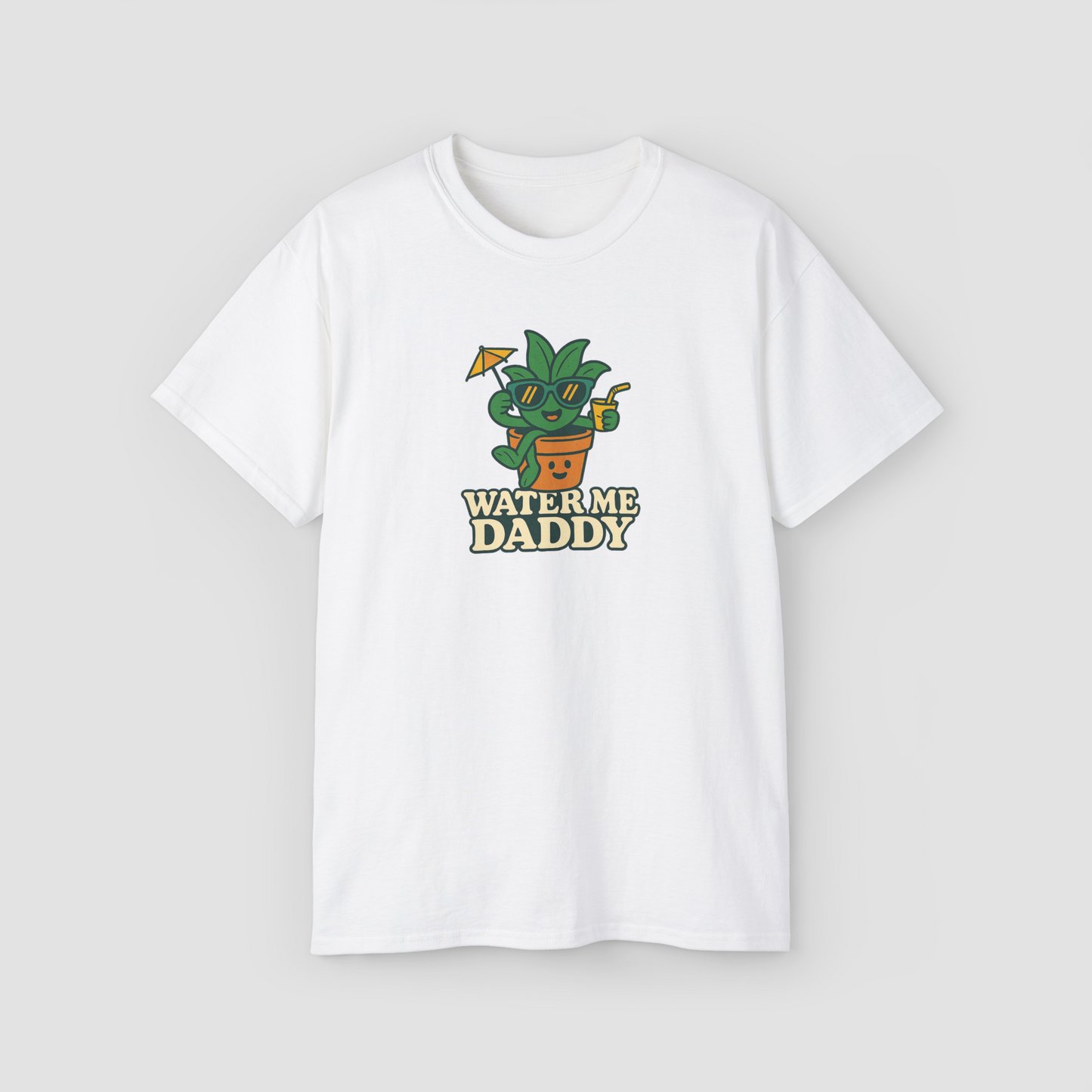 A cute plant character with the text 'Water Me Daddy!' on a white oversized terry cotton t-shirt.\