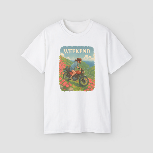 A girl on a bicycle in a vibrant, artistic nature scene on a white oversized t-shirt.\